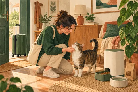 Illustration of a pet sitter visiting a cat beside a generic feeder and water bowl