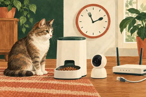 Illustration of a cat, generic feeder, camera and disconnected router